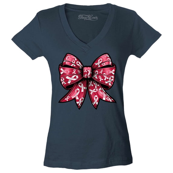 Shop4Ever Women's Breast Cancer Bow Slim Fit V-Neck T-Shirt X-Large Charcoal