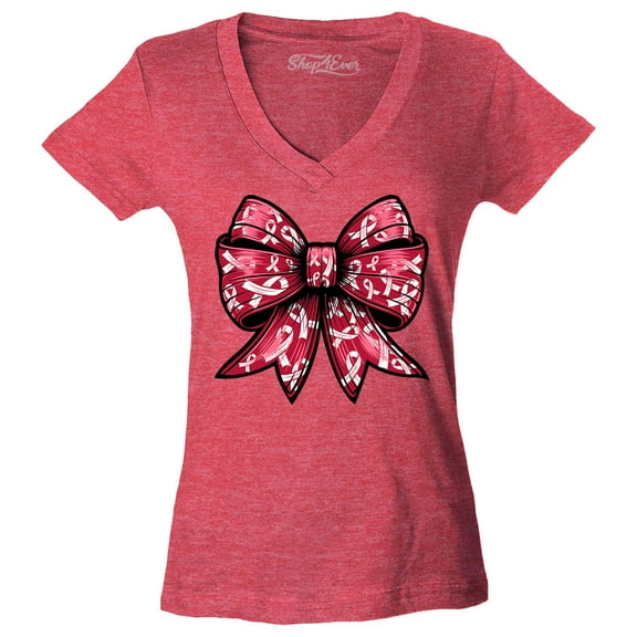 Shop4Ever Women's Breast Cancer Bow Slim Fit V-Neck T-Shirt X-Large Heather Red