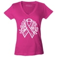 thumbnail image 1 of Shop4Ever Women's Breast Cancer Ribbon Flowers Slim Fit V-Neck T-Shirt X-Large Pink, 1 of 5