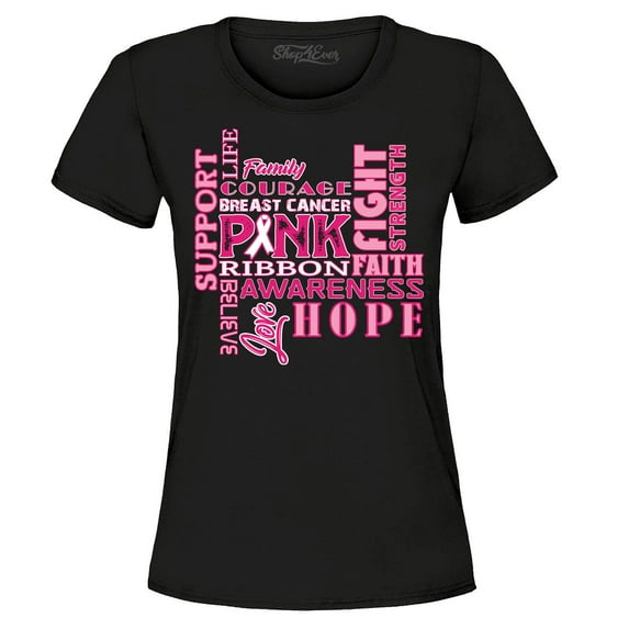Shop4Ever Women's Breast Cancer Support Fight Ribbon Awareness Graphic T-Shirt X-Large Black
