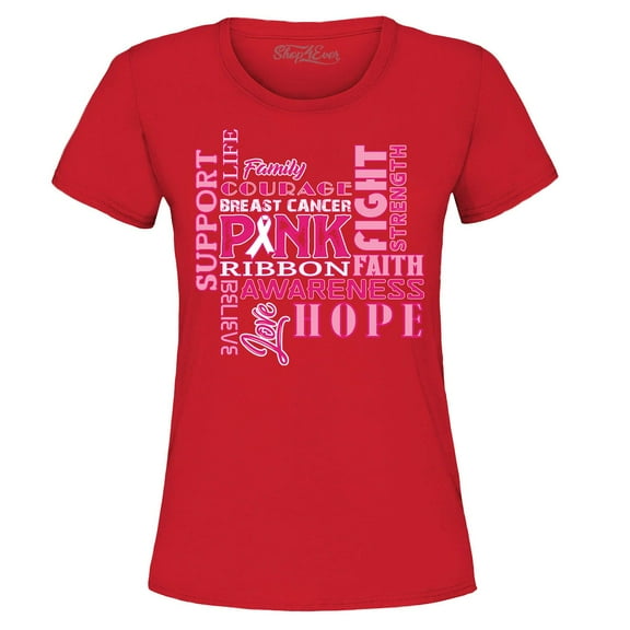 Shop4Ever Women's Breast Cancer Support Fight Ribbon Awareness Graphic T-Shirt XXX-Large Red