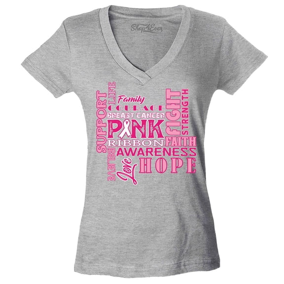 Shop4Ever Women's Breast Cancer Support Fight Ribbon Awareness Slim Fit V-Neck T-Shirt Medium Sports Grey