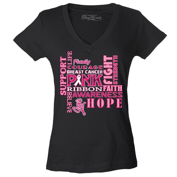 Shop4Ever Women's Breast Cancer Support Fight Ribbon Awareness Slim Fit V-Neck T-Shirt Small Black