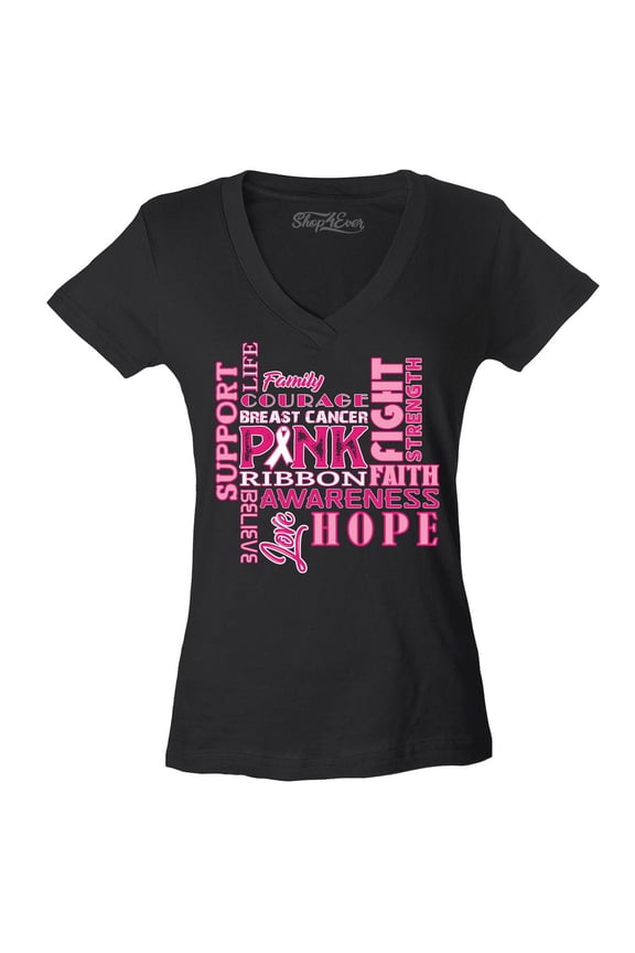Women's Breast Cancer Support Fight Ribbon Awareness Slim Fit V-Neck T-Shirt Small Black