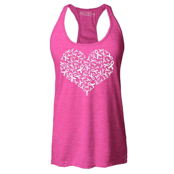 Shop4Ever Women's Breast Cancer White Ribbon Montage Heart Racerback Tank Top X-Large Fuchsia