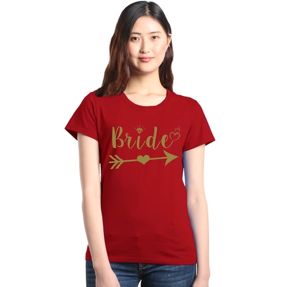 Shop4Ever Women's Bride Heart Arrow Gold Bridal Wedding Graphic T-Shirt Large Red