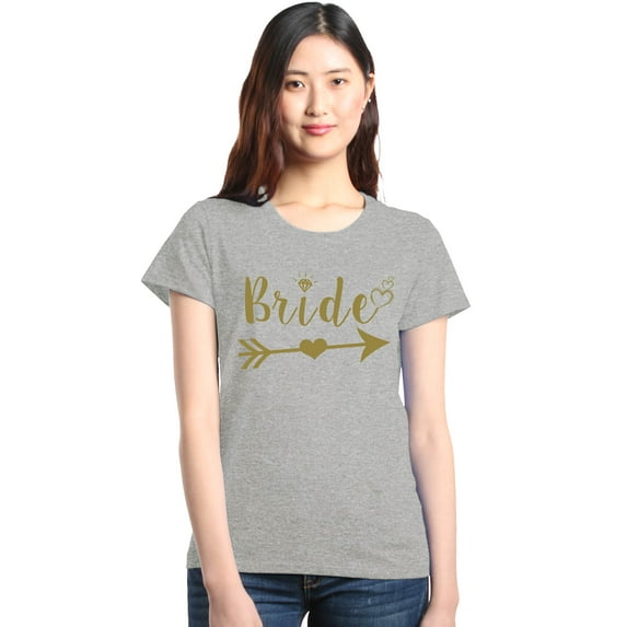 Shop4Ever Women's Bride Heart Arrow Gold Bridal Wedding Graphic T-Shirt Large Sports Grey