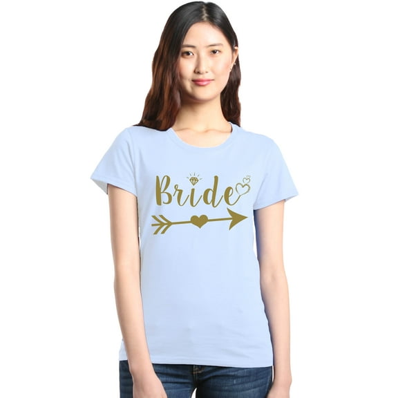 Shop4Ever Women's Bride Heart Arrow Gold Bridal Wedding Graphic T-Shirt Small White