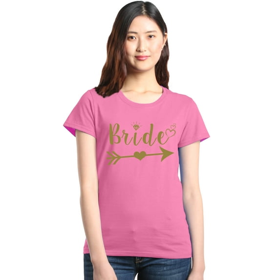 Shop4Ever Women's Bride Heart Arrow Gold Bridal Wedding Graphic T-Shirt XXX-Large Azalea Pink