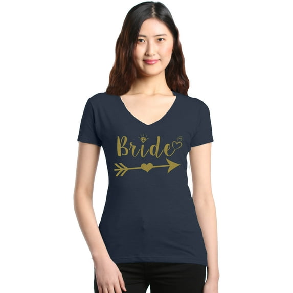 Shop4Ever Women's Bride Heart Arrow Gold Bridal Wedding Slim Fit V-Neck T-Shirt Large Charcoal
