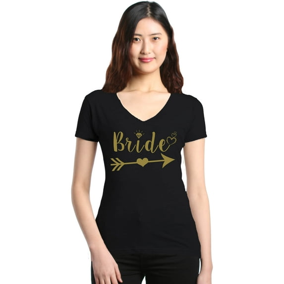 Shop4Ever Women's Bride Heart Arrow Gold Bridal Wedding Slim Fit V-Neck T-Shirt X-Large Black