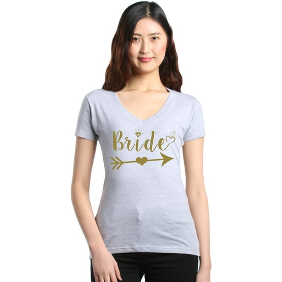 Shop4Ever Women's Bride Heart Arrow Gold Bridal Wedding Slim Fit V-Neck T-Shirt XX-Large Sports Grey