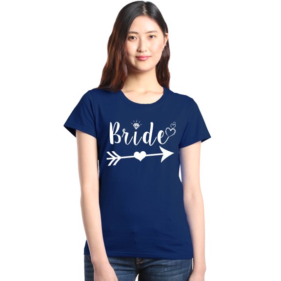 Shop4Ever Women's Bride Heart Arrow White Bridal Wedding Graphic T-Shirt Medium Navy