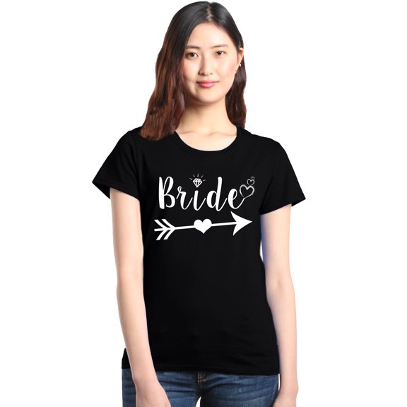 Shop4Ever Women's Bride Heart Arrow White Bridal Wedding Graphic T-Shirt X-Large Black