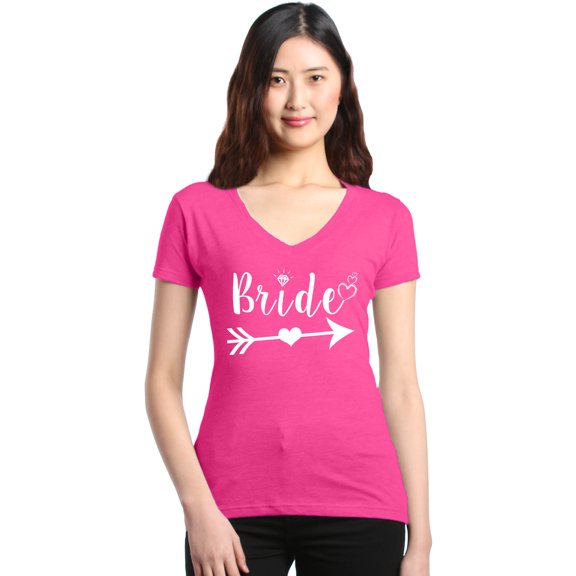 Shop4Ever Women's Bride Heart Arrow White Bridal Wedding Slim Fit V-Neck T-Shirt Small Pink