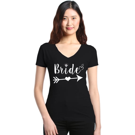 Shop4Ever Women's Bride Heart Arrow White Bridal Wedding Slim Fit V-Neck T-Shirt X-Small Black