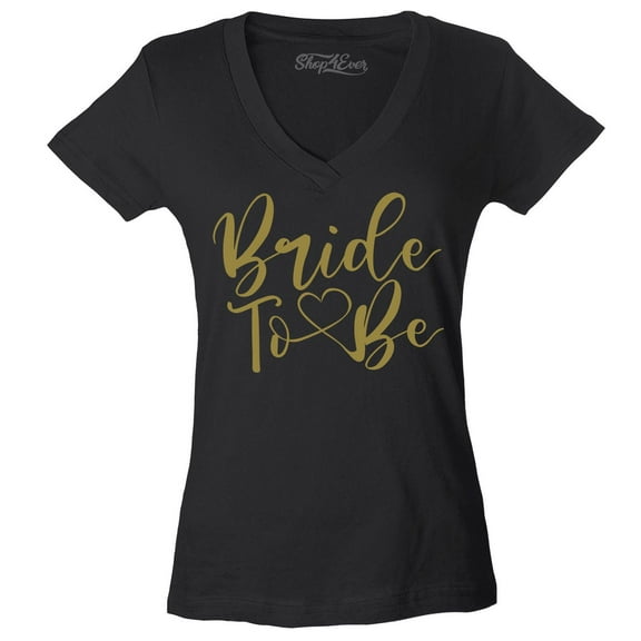 Shop4Ever Women's Bride To Be Gold Heart Wedding Slim Fit V-Neck T-Shirt X-Large Black