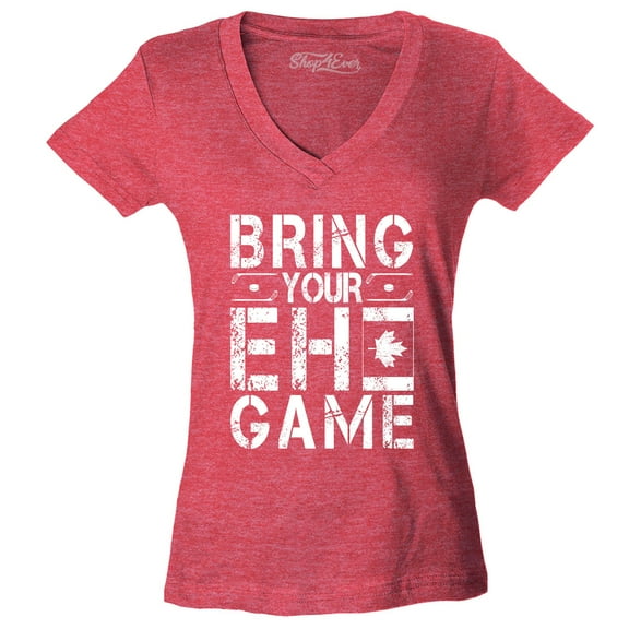 Shop4Ever Women's Bring Your EH Game Canada Slim Fit V-Neck T-Shirt Large Heather Red