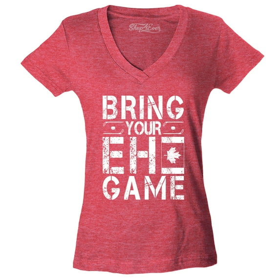 Shop4Ever Women's Bring Your EH Game Canada Slim Fit V-Neck T-Shirt Medium Heather Red
