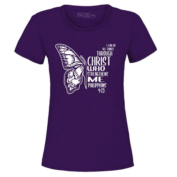 Shop4Ever Women's Butterfly Verse I Can Do All Things Through Christ Graphic T-Shirt Large Purple