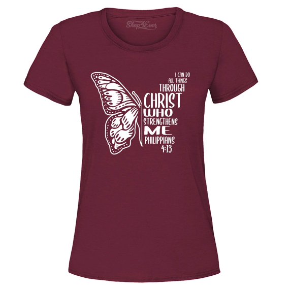 Shop4Ever Women's Butterfly Verse I Can Do All Things Through Christ Graphic T-Shirt Medium Maroon