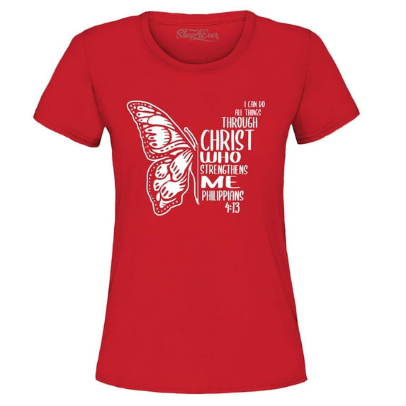 Shop4Ever Women's Butterfly Verse I Can Do All Things Through Christ Graphic T-Shirt Medium Red