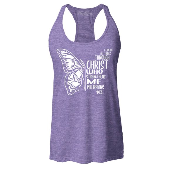 Shop4Ever Women's Butterfly Verse I Can Do All Things Through Christ Racerback Tank Top Medium Purple