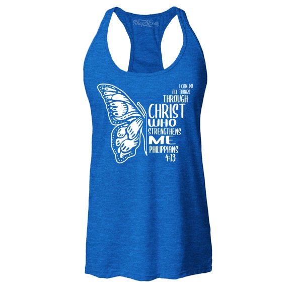 Shop4Ever Women's Butterfly Verse I Can Do All Things Through Christ Racerback Tank Top Medium Royal Blue