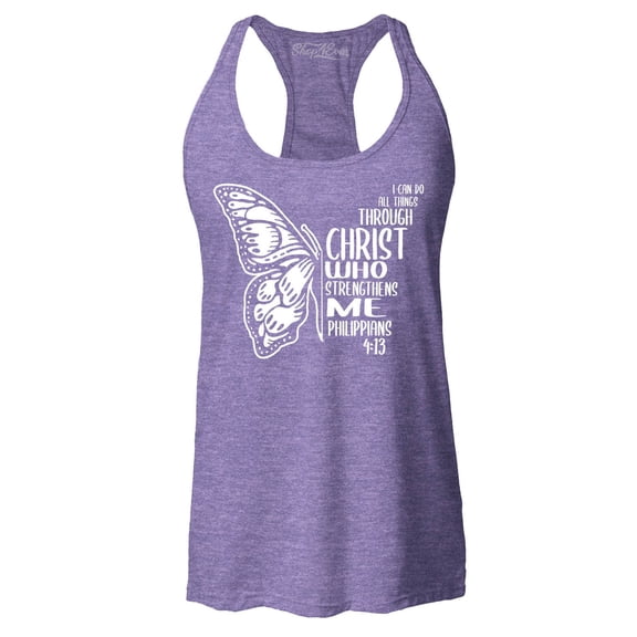 Shop4Ever Women's Butterfly Verse I Can Do All Things Through Christ Racerback Tank Top Small Purple