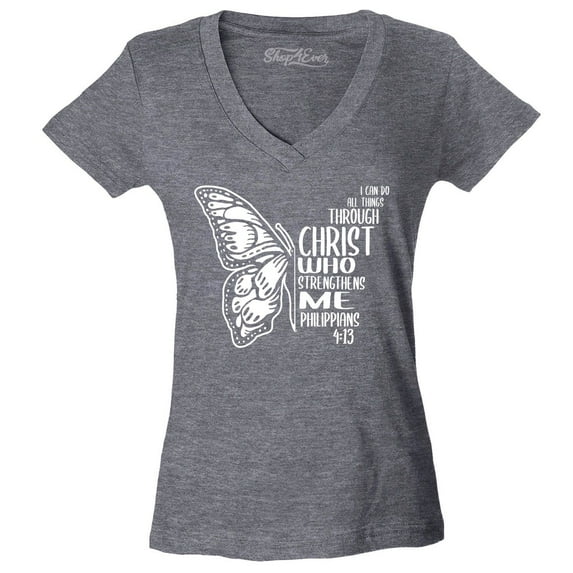 Shop4Ever Women's Butterfly Verse I Can Do All Things Through Christ Slim Fit V-Neck T-Shirt Large Heather Charcoal