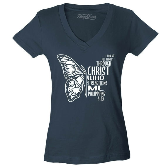 Shop4Ever Women's Butterfly Verse I Can Do All Things Through Christ Slim Fit V-Neck T-Shirt Medium Charcoal