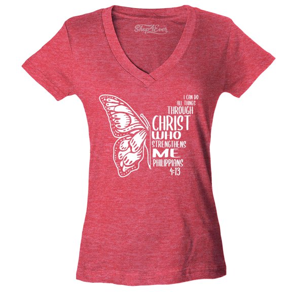 Shop4Ever Women's Butterfly Verse I Can Do All Things Through Christ Slim Fit V-Neck T-Shirt Small Heather Red