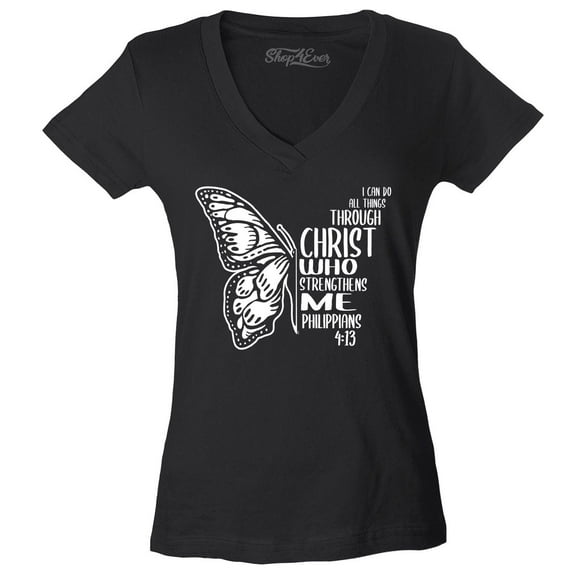 Shop4Ever Women's Butterfly Verse I Can Do All Things Through Christ Slim Fit V-Neck T-Shirt X-Large Black