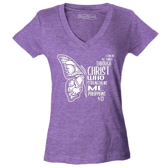 Shop4Ever Women's Butterfly Verse I Can Do All Things Through Christ Slim Fit V-Neck T-Shirt X-Small Heather Purple