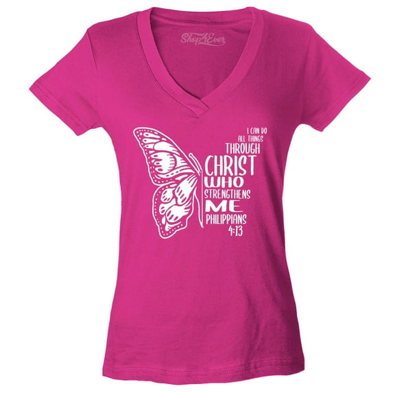 Shop4Ever Women's Butterfly Verse I Can Do All Things Through Christ Slim Fit V-Neck T-Shirt XX-Large Pink
