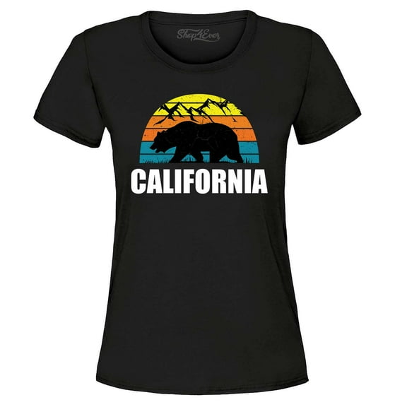 Shop4Ever Women's California State Bear Mountains Retro Horizon Graphic T-Shirt Large Black