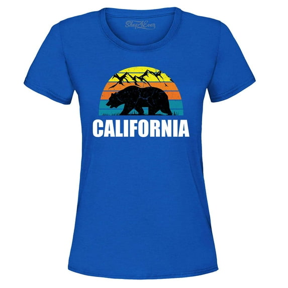 Shop4Ever Women's California State Bear Mountains Retro Horizon Graphic T-Shirt Medium Royal Blue