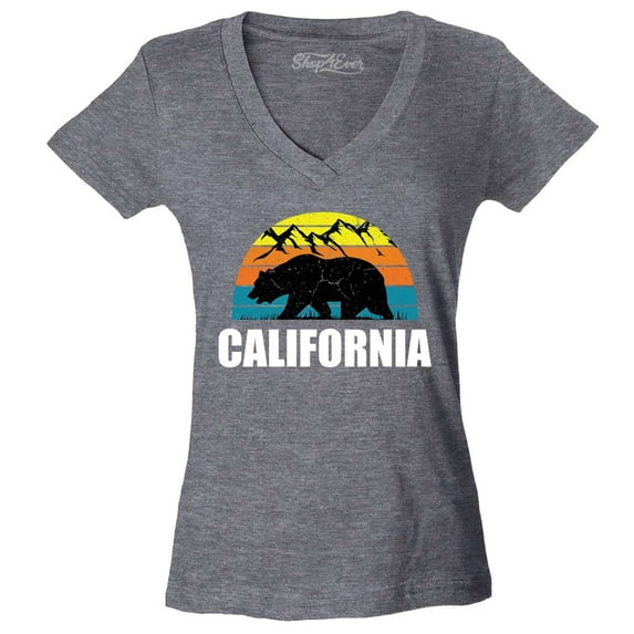 Shop4Ever Women's California State Bear Mountains Retro Horizon Slim Fit V-Neck T-Shirt XX-Large Heather Charcoal