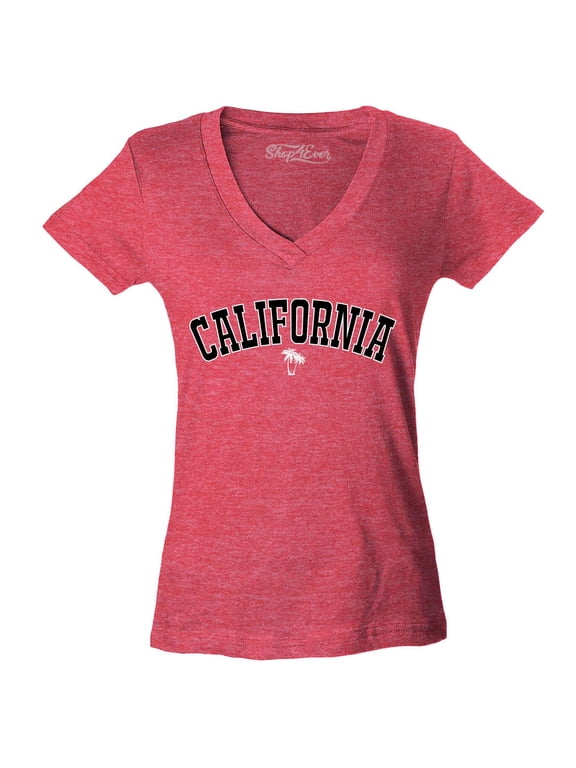 Women's California State Letter Print Palm Tree Slim Fit V-Neck T-Shirt Large Heather Red