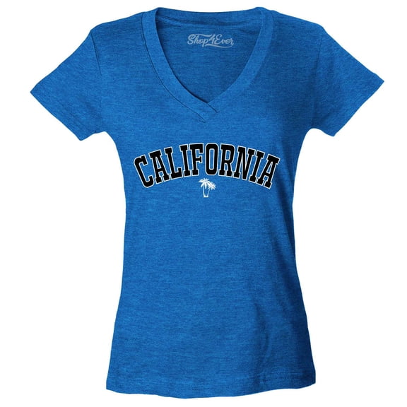 Shop4Ever Women's California State Letter Print Palm Tree Slim Fit V-Neck T-Shirt Large Heather Royal Blue