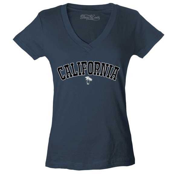 Shop4Ever Women's California State Letter Print Palm Tree Slim Fit V-Neck T-Shirt Small Charcoal