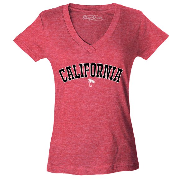 Shop4Ever Women's California State Letter Print Palm Tree Slim Fit V-Neck T-Shirt X-Large Heather Red