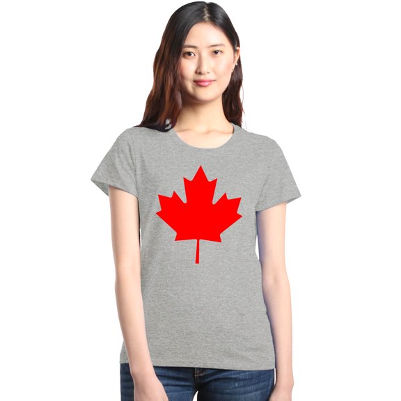 Shop4Ever Women's Canada Red Leaf Canadian Flag Graphic T-Shirt Large Sports Grey