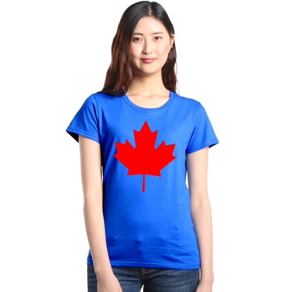 Shop4Ever Women's Canada Red Leaf Canadian Flag Graphic T-Shirt X-Large Royal Blue