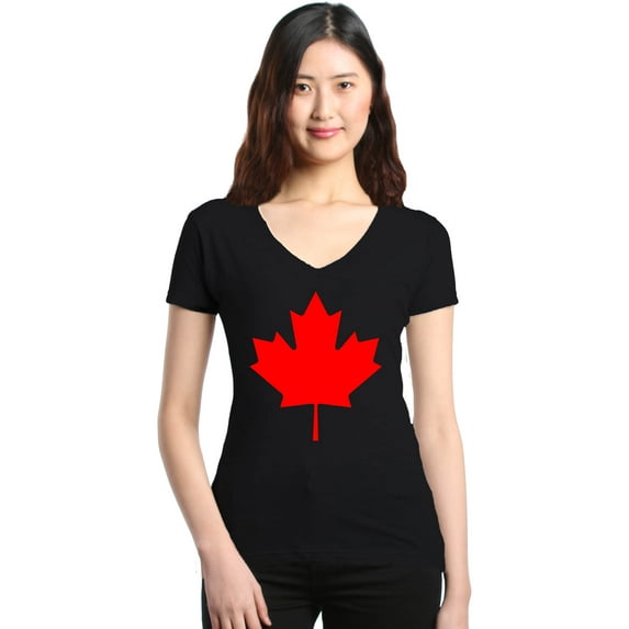 Shop4Ever Women's Canada Red Leaf Canadian Flag Slim Fit V-Neck T-Shirt X-Large Black