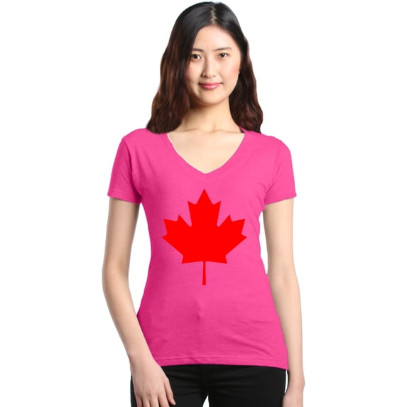 Shop4Ever Women's Canada Red Leaf Canadian Flag Slim Fit V-Neck T-Shirt X-Small Pink