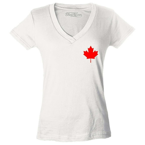 Shop4Ever Women's Canada Red Maple Leaf Pocket Size Canadian Slim Fit V-Neck T-Shirt Large White