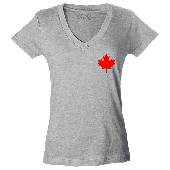 Shop4Ever Women's Canada Red Maple Leaf Pocket Size Canadian Slim Fit V-Neck T-Shirt Medium Sports Grey