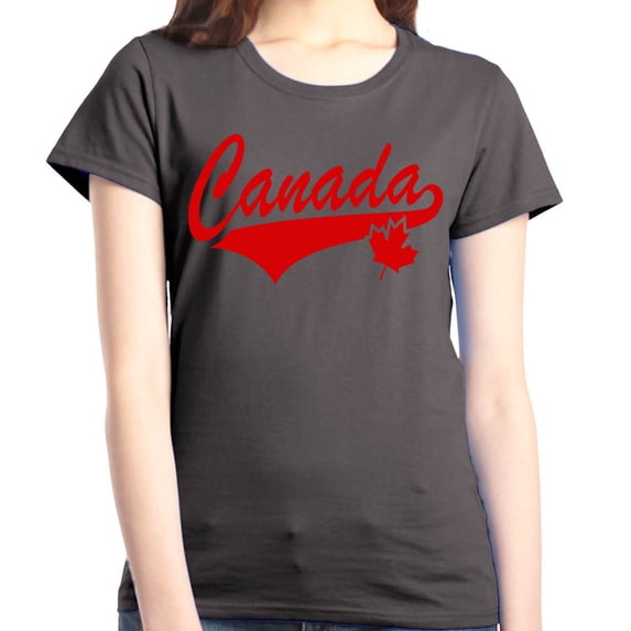 Shop4Ever Women's Canada Red with Leaf Canadian Flag Graphic T-Shirt Large Charcoal