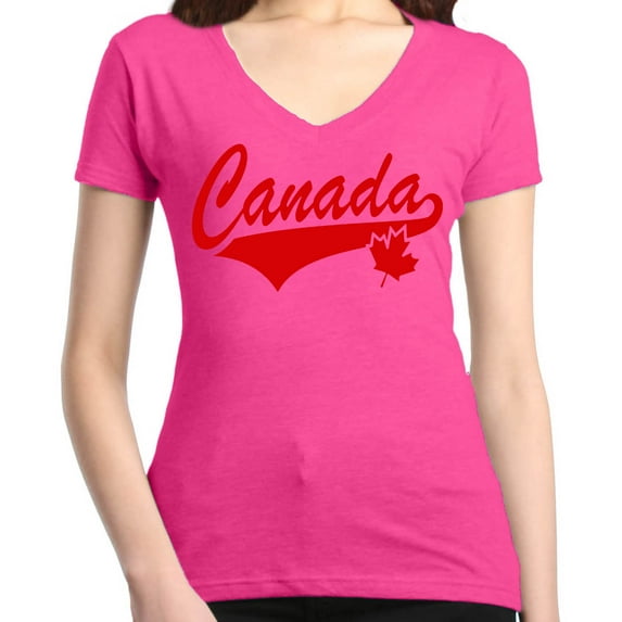 Shop4Ever Women's Canada Red with Leaf Canadian Flag Slim Fit V-Neck T-Shirt Medium Pink